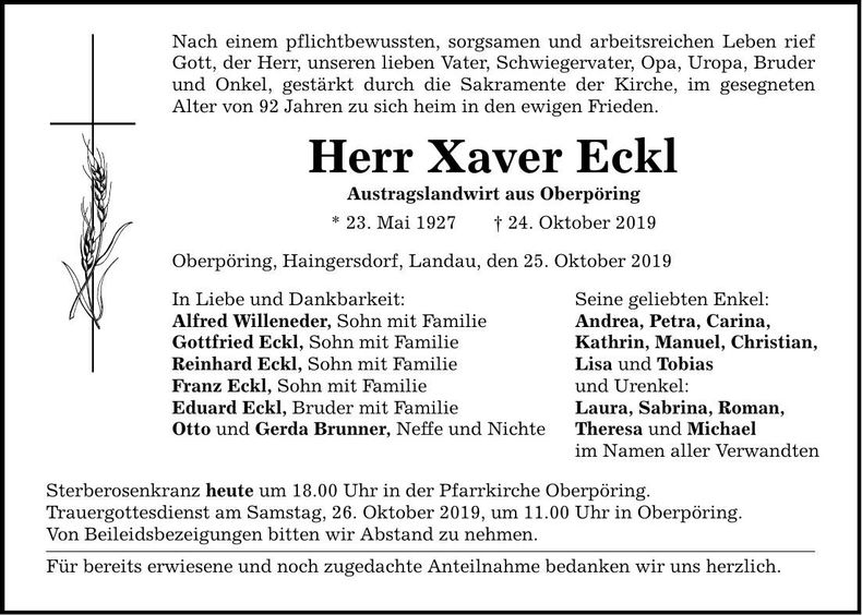 Traueranzeige Xaver Eckl