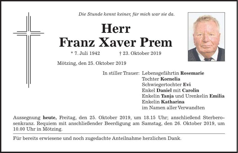 Traueranzeige Xaver Prem