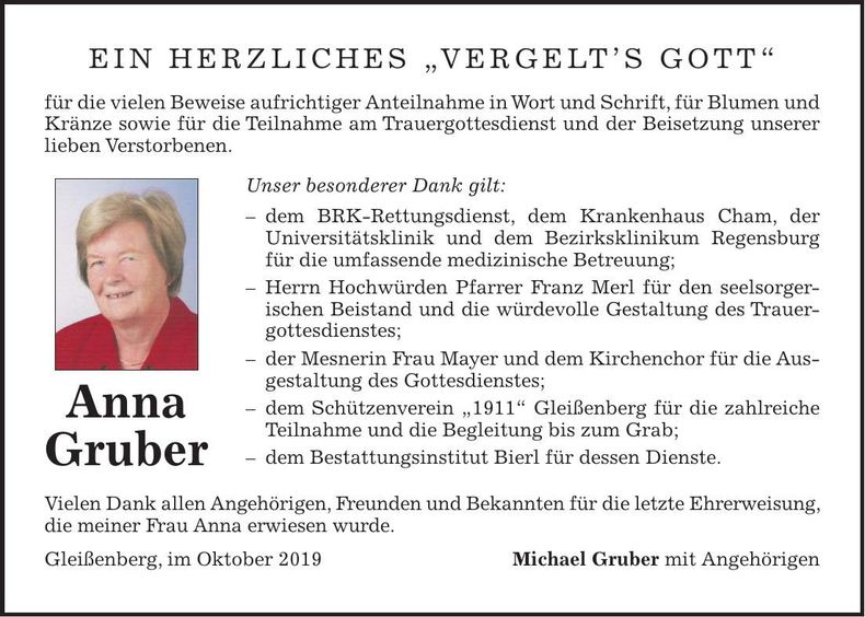 Traueranzeige Anna Gruber