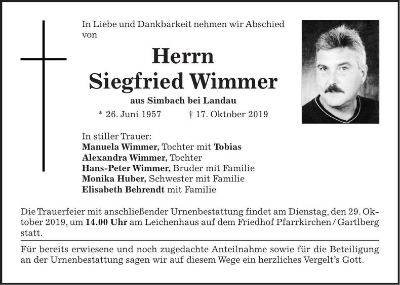 Traueranzeige Siegfried Wimmer