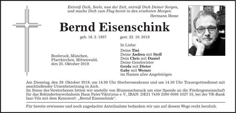 Traueranzeige Bernd Eisenschink