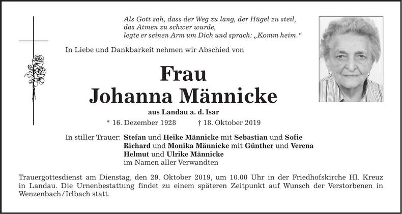 Traueranzeige Johanna Männicke