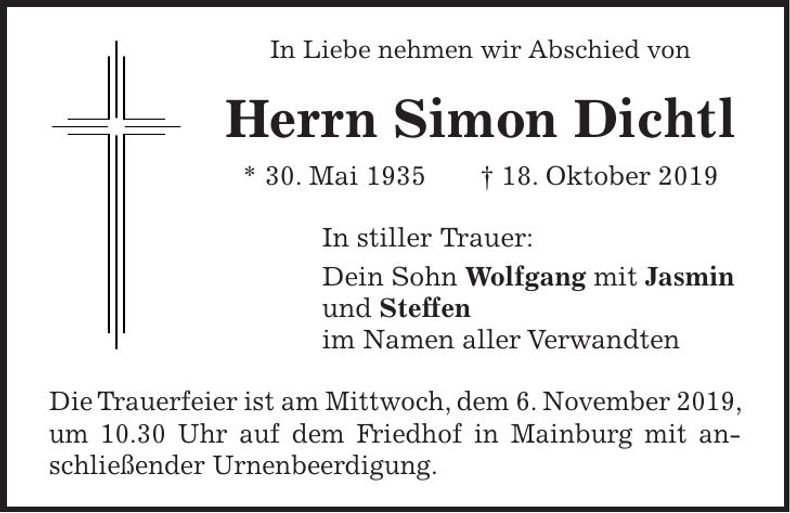 Traueranzeige Simon Dichtl