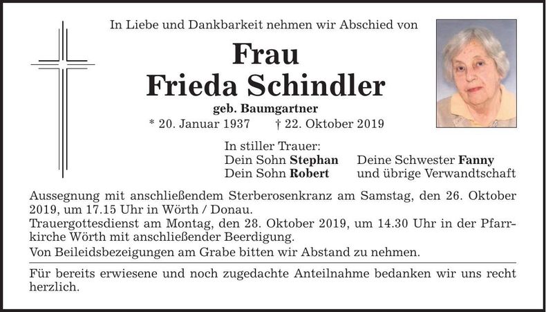 Traueranzeige Frieda Schindler