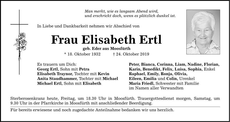 Traueranzeige Elisabeth Ertl