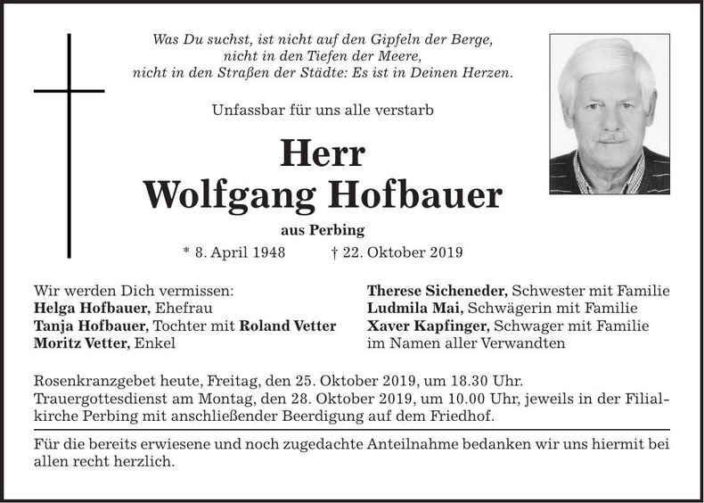 Traueranzeige Wolfgang Hofbauer