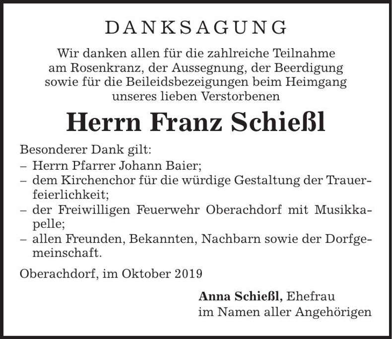 Traueranzeige Franz Schießl