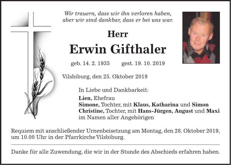 Traueranzeige Erwin Gifthaler