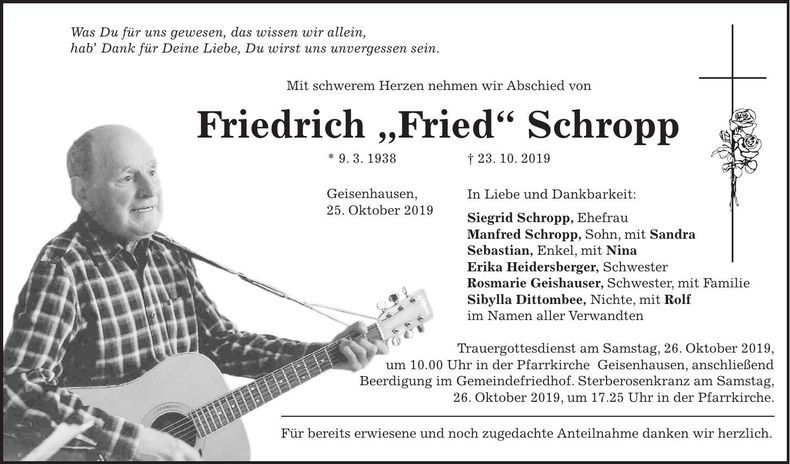 Traueranzeige Friedrich Schropp