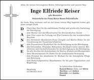 Traueranzeige Inge Elfriede Reiser