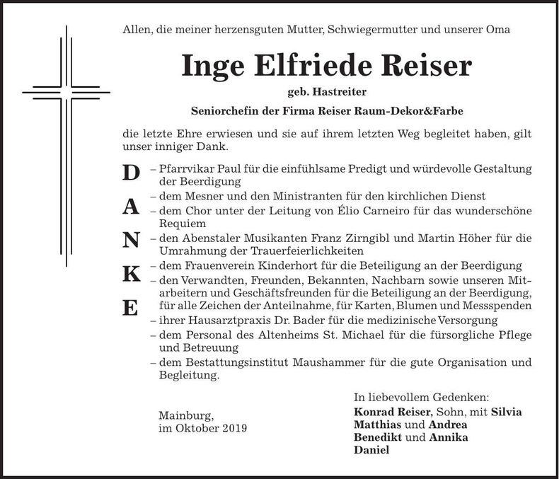Traueranzeige Inge Elfriede Reiser