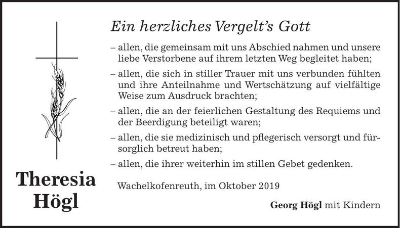 Traueranzeige Theresia Högl