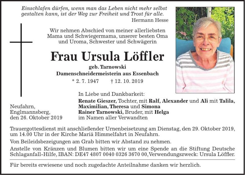 Traueranzeige Ursula Löffler
