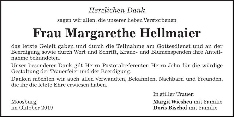 Traueranzeige Margarethe Hellmaier