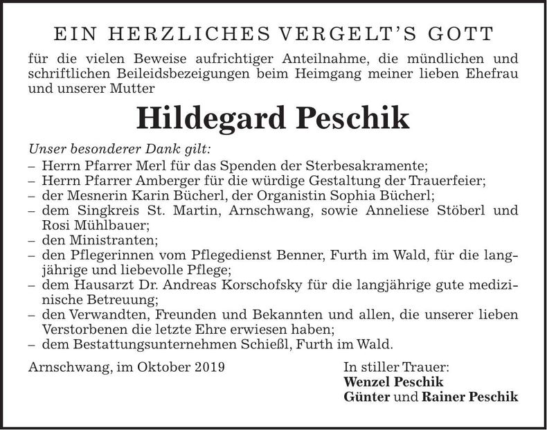 Traueranzeige Hildegard Peschik