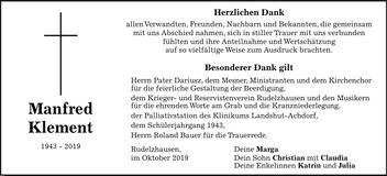 Traueranzeige Manfred Klement