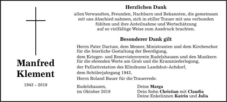 Traueranzeige Manfred Klement