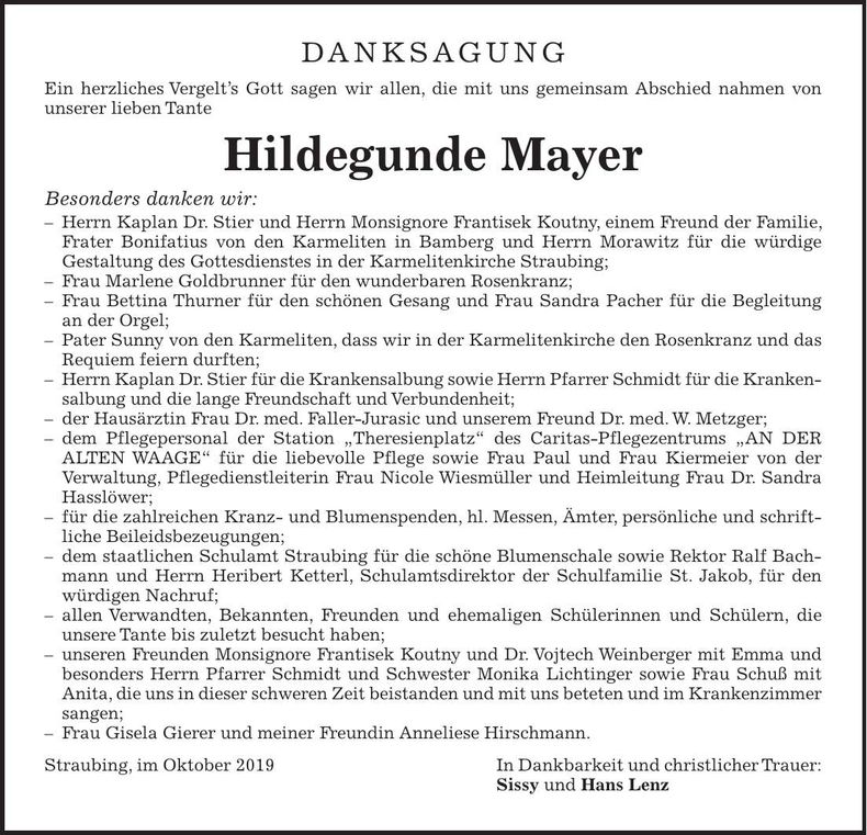 Traueranzeige Hildegunde Mayer
