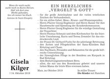 Traueranzeige Gisela Kilger
