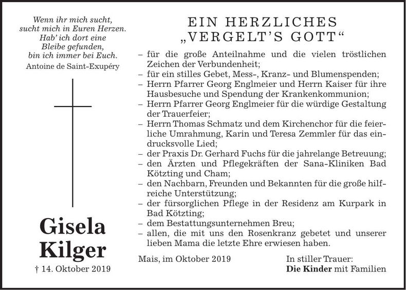 Traueranzeige Gisela Kilger