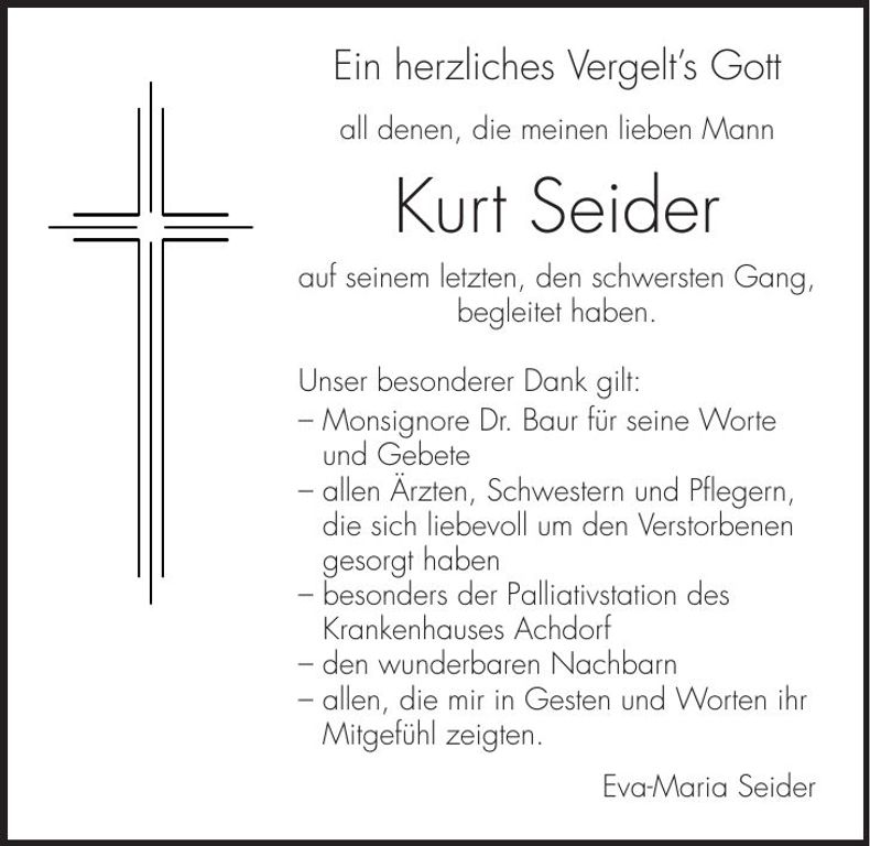 Traueranzeige Kurt Seider