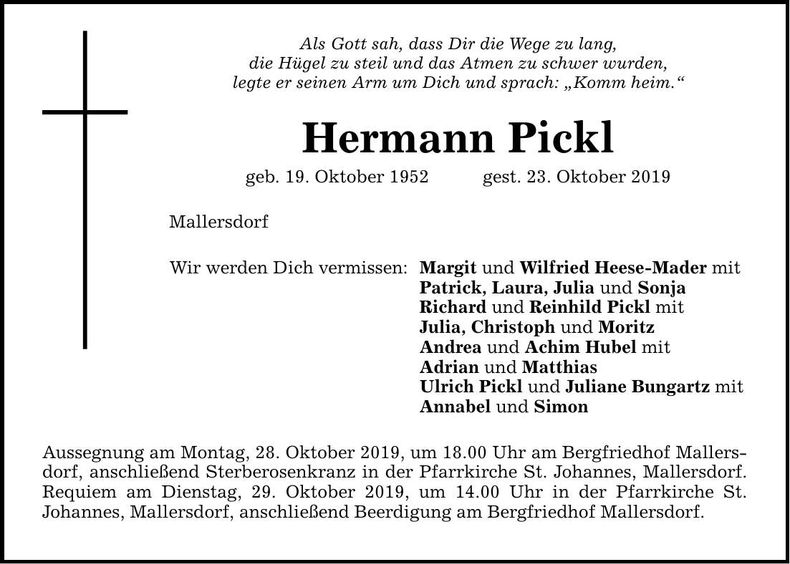 Traueranzeige Hermann Pickl