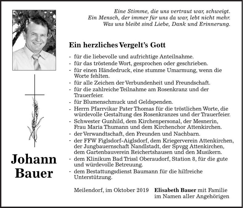 Traueranzeige Johann Bauer