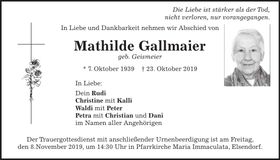 Traueranzeige Mathilde Gallmaier