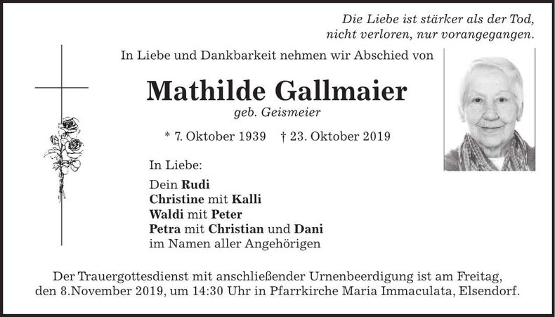 Traueranzeige Mathilde Gallmaier