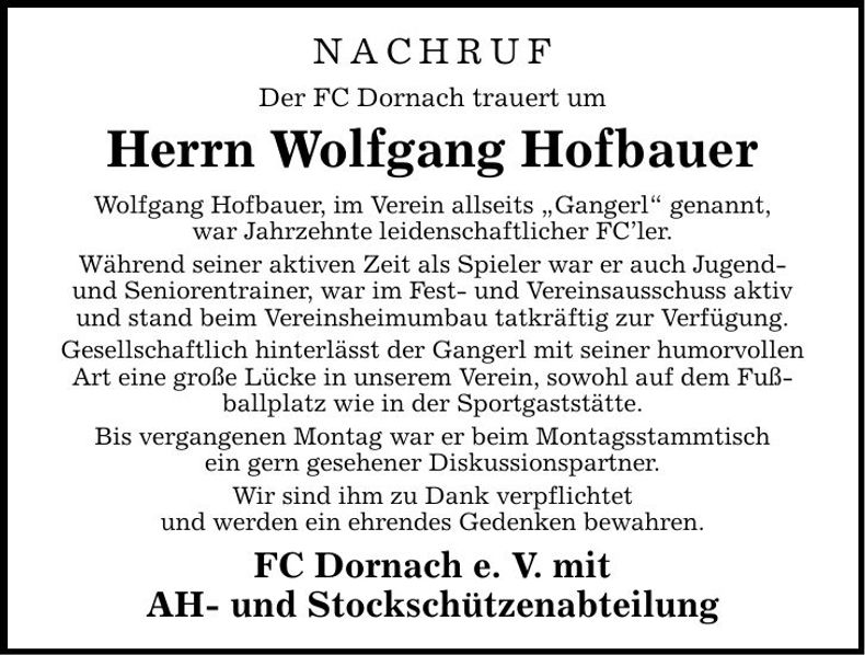 Traueranzeige Wolfgang Hofbauer