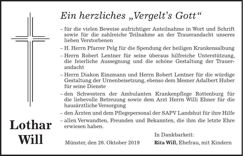 Traueranzeige Lothar Will