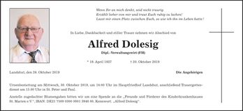 Traueranzeige Alfred Dolesig