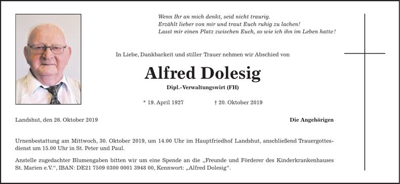 Traueranzeige Alfred Dolesig
