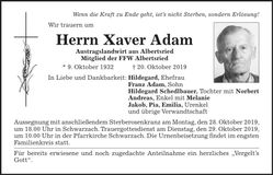 Traueranzeige Xaver Adam