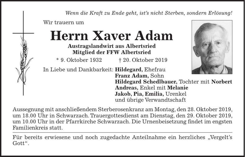 Traueranzeige Xaver Adam