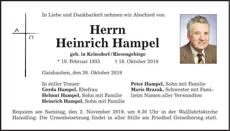 Traueranzeige Heinrich Hampel