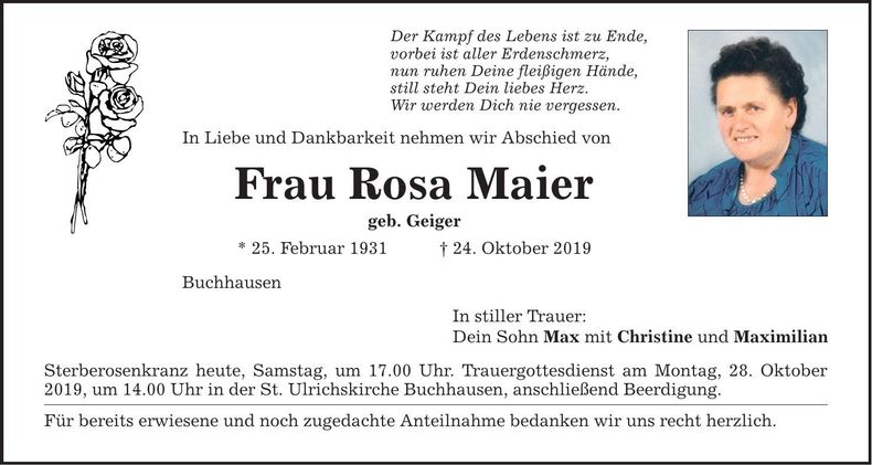 Traueranzeige Rosa Maier