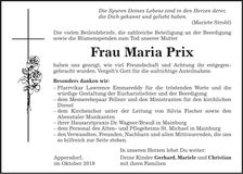 Traueranzeige Maria Prix