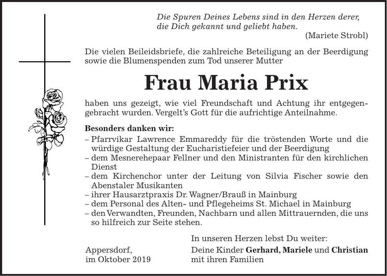 Traueranzeige Maria Prix