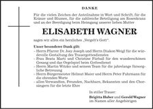 Traueranzeige Elisabeth Wagner
