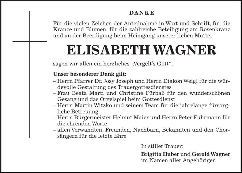 Traueranzeige Elisabeth Wagner