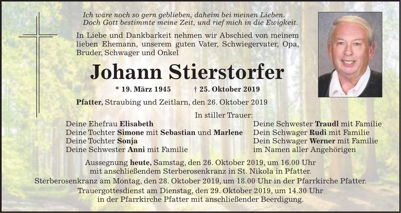 Traueranzeige Johann Stierstorfer