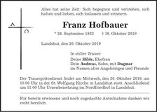 Traueranzeige Franz Hofbauer