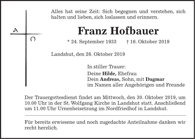 Traueranzeige Franz Hofbauer