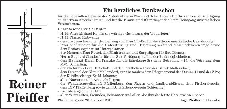 Traueranzeige Reiner Pfeiffer