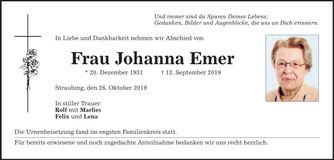 Traueranzeige Johanna Emer