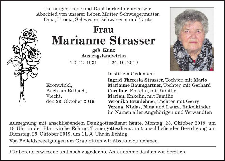 Traueranzeige Marianne Strasser