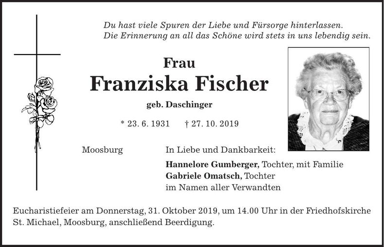 Traueranzeige Franziska Fischer