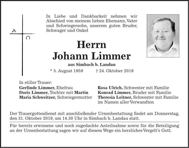 Traueranzeige Johann Limmer