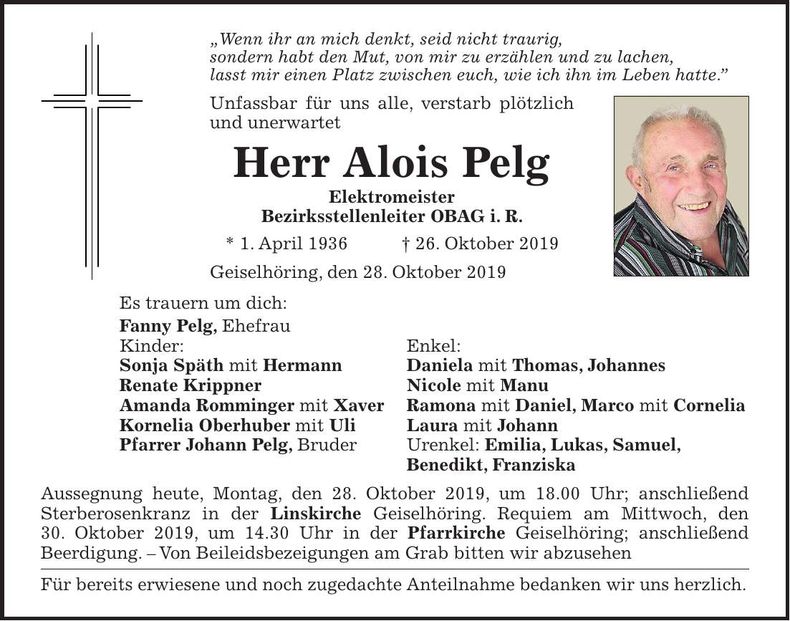 Traueranzeige Alois Pelg